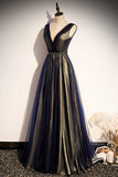 Navy Blue A-line Tulle Long Party HZ0307
