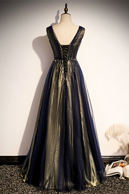 Navy Blue A-line Tulle Long Party HZ0307