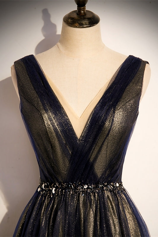 Navy Blue A-line Tulle Long Party HZ0307