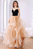 Black Velvet and Champagne Tiered Ruffles Long Formal HZ0307