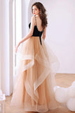 Black Velvet and Champagne Tiered Ruffles Long Formal HZ0307