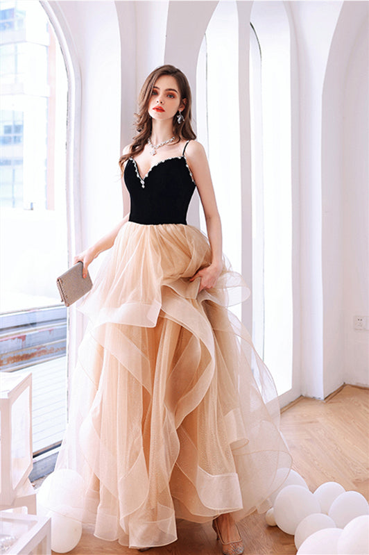 Black Velvet and Champagne Tiered Ruffles Long Formal HZ0307