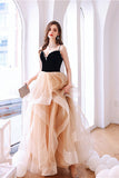 Black Velvet and Champagne Tiered Ruffles Long Formal HZ0307