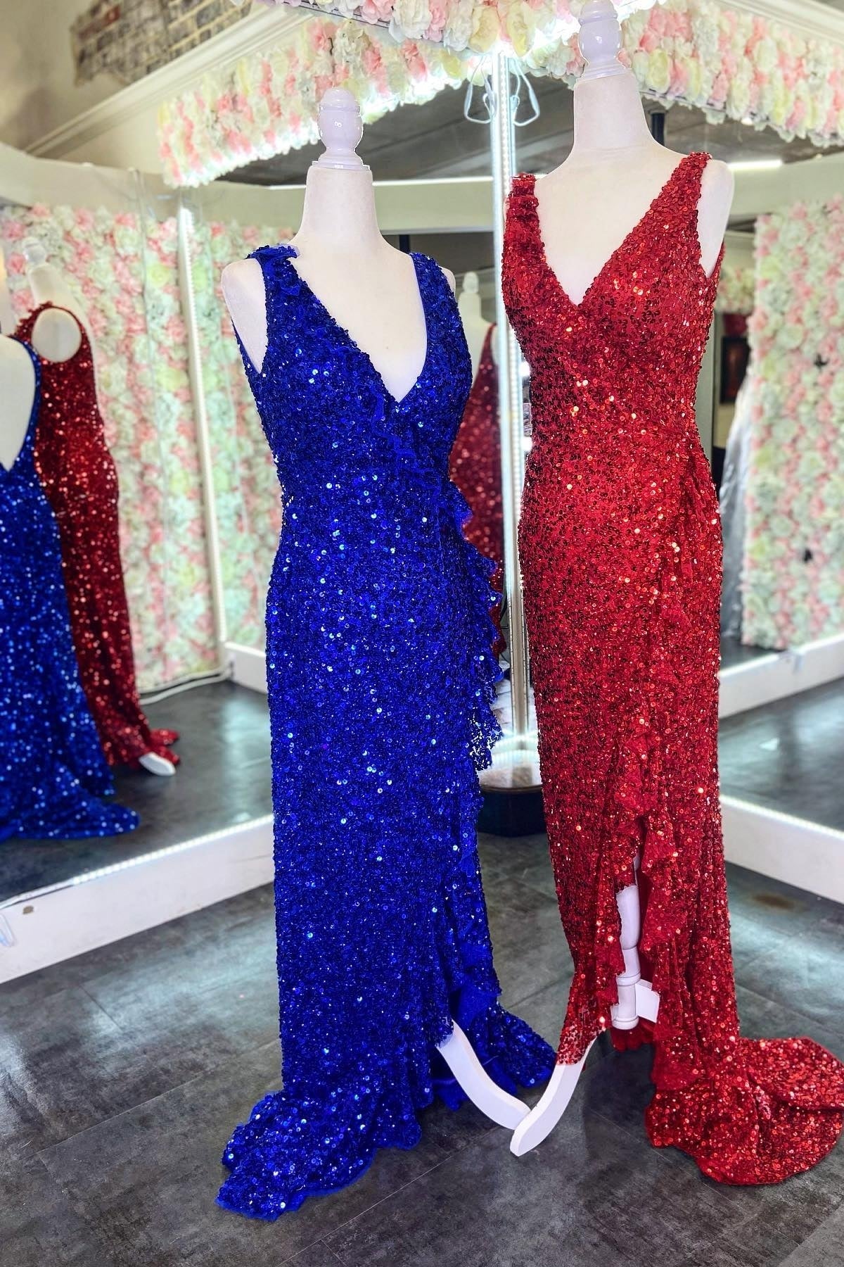 Royal Blue Sequin V Neck Tight Wrap Formal HZ0307