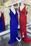 Royal Blue Sequin V Neck Tight Wrap Formal HZ0307