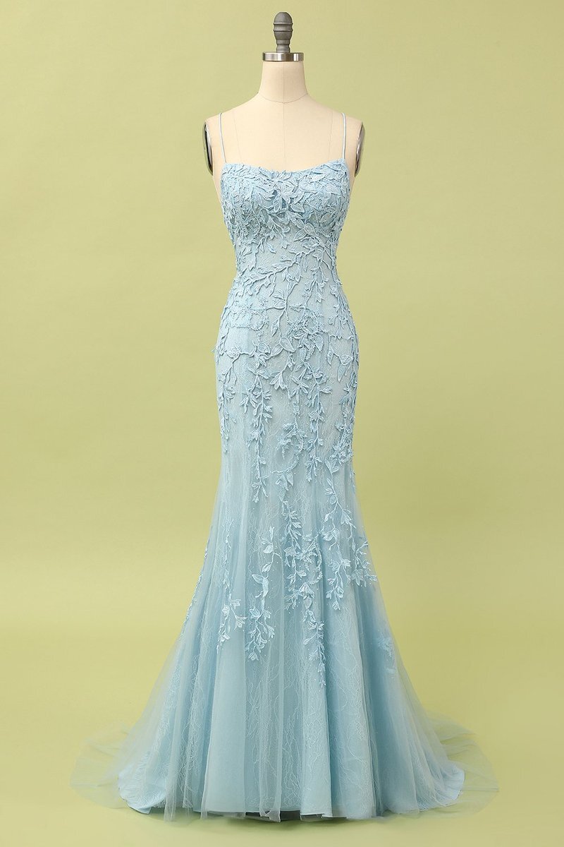 Straps Mermaid Blue Lace Appliqued Long Prom HZ0307