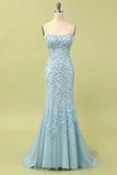 Straps Mermaid Blue Lace Appliqued Long Prom HZ0307