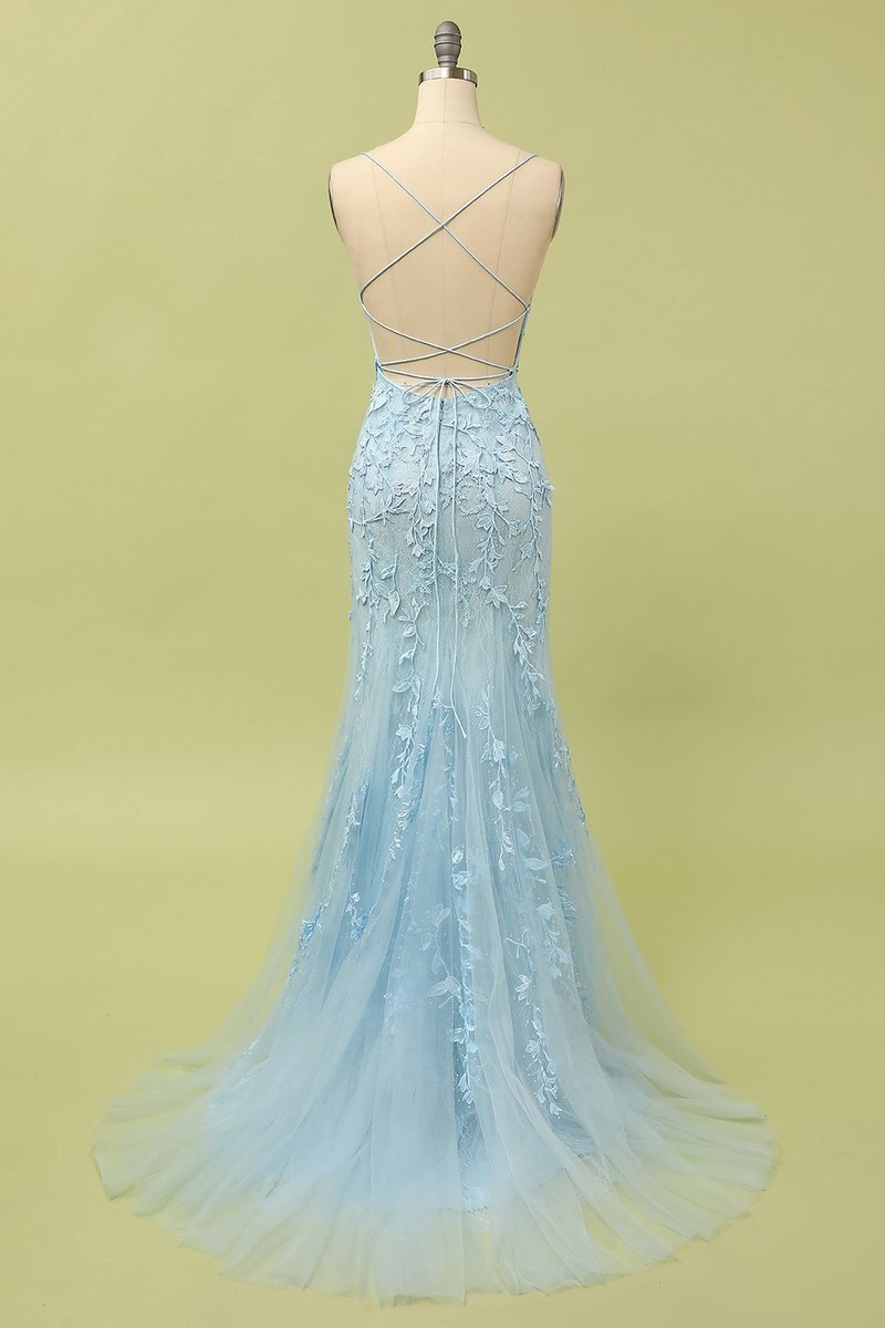 Straps Mermaid Blue Lace Appliqued Long Prom HZ0307