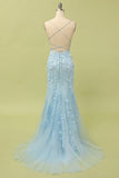 Straps Mermaid Blue Lace Appliqued Long Prom HZ0307