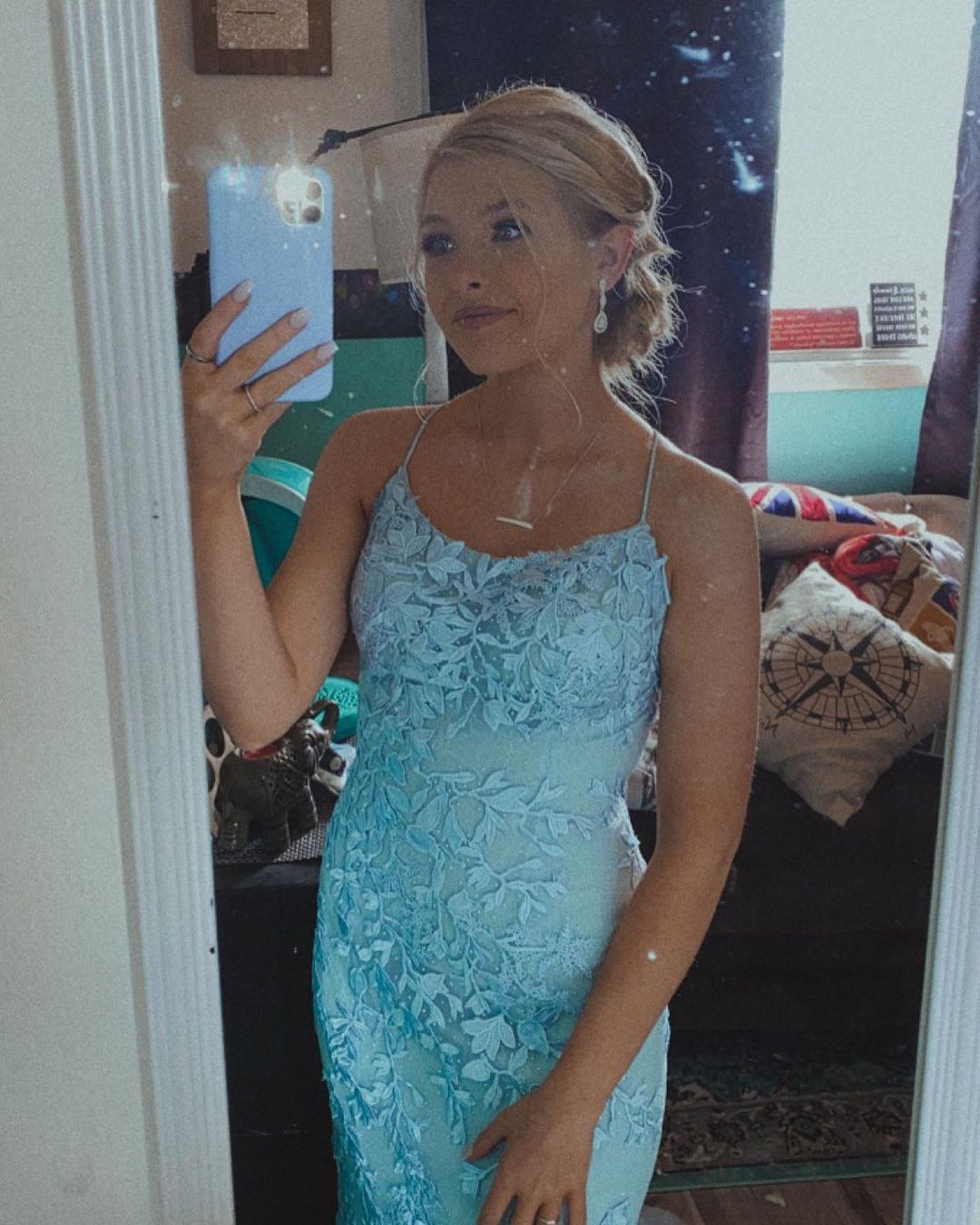 Straps Mermaid Blue Lace Appliqued Long Prom HZ0307