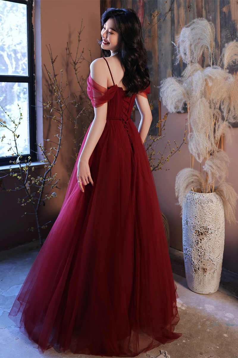 Straps A-line Burgundy Tulle Long Evening HZ0307