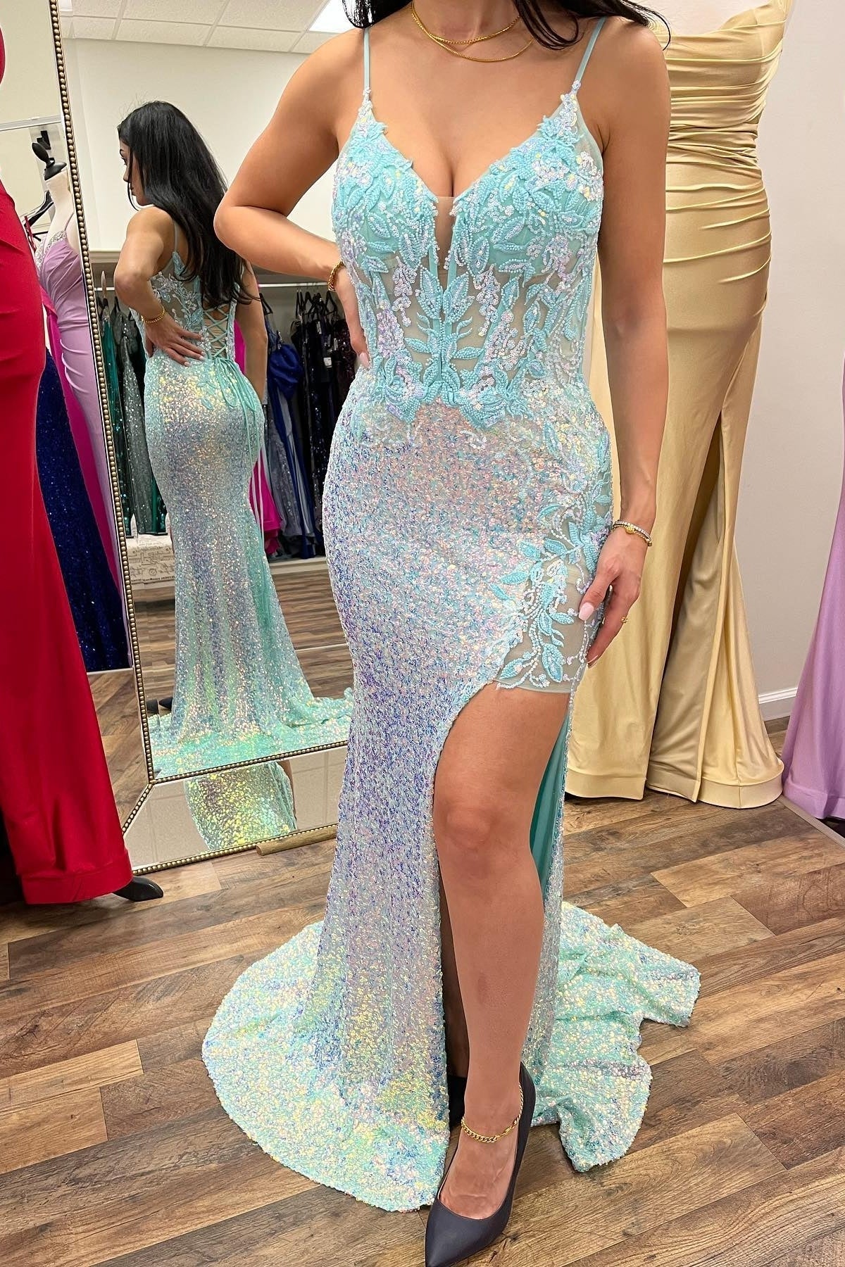 Gorgeous Pink Sequin Straps Mermaid Long Prom HZ0307