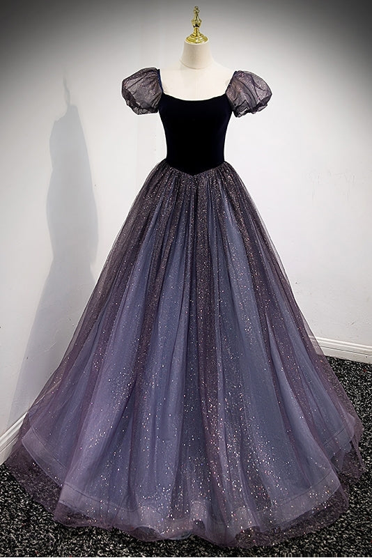 Navy Blue A-line Short Puffy Sleeves Princess Long HZ0307