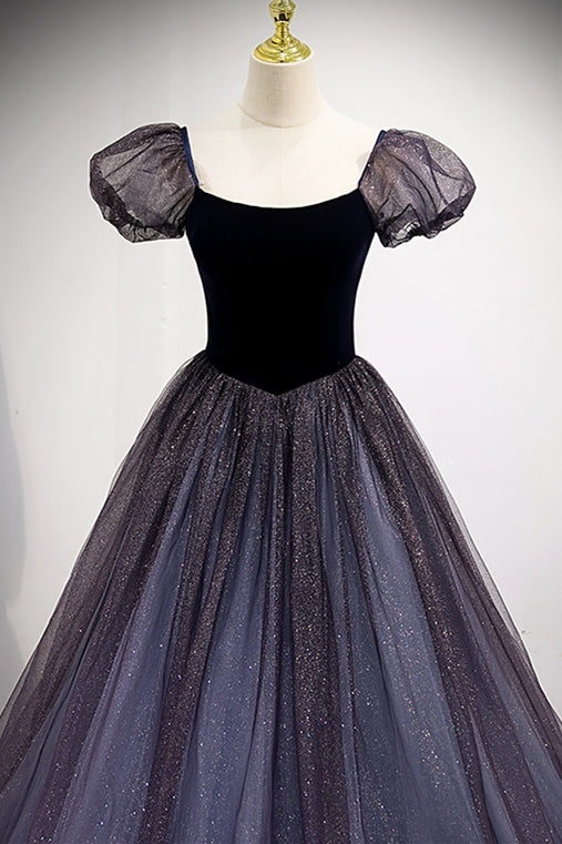 Navy Blue A-line Short Puffy Sleeves Princess Long HZ0307