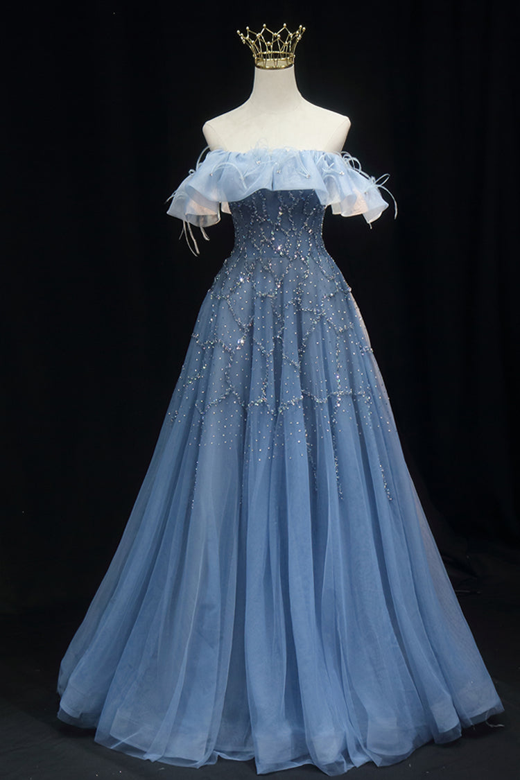 Off the Shoulder Blue Beaded A-line Long Formal HZ0307