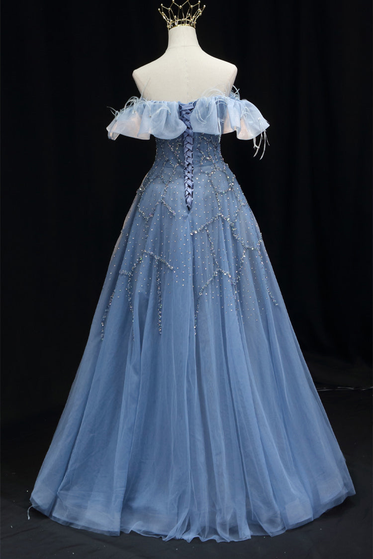 Off the Shoulder Blue Beaded A-line Long Formal HZ0307