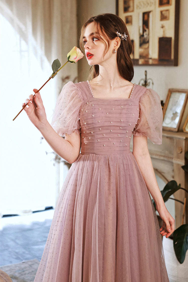 Short Puffy Sleeves Pearls Pink A-line Long Formal HZ0307