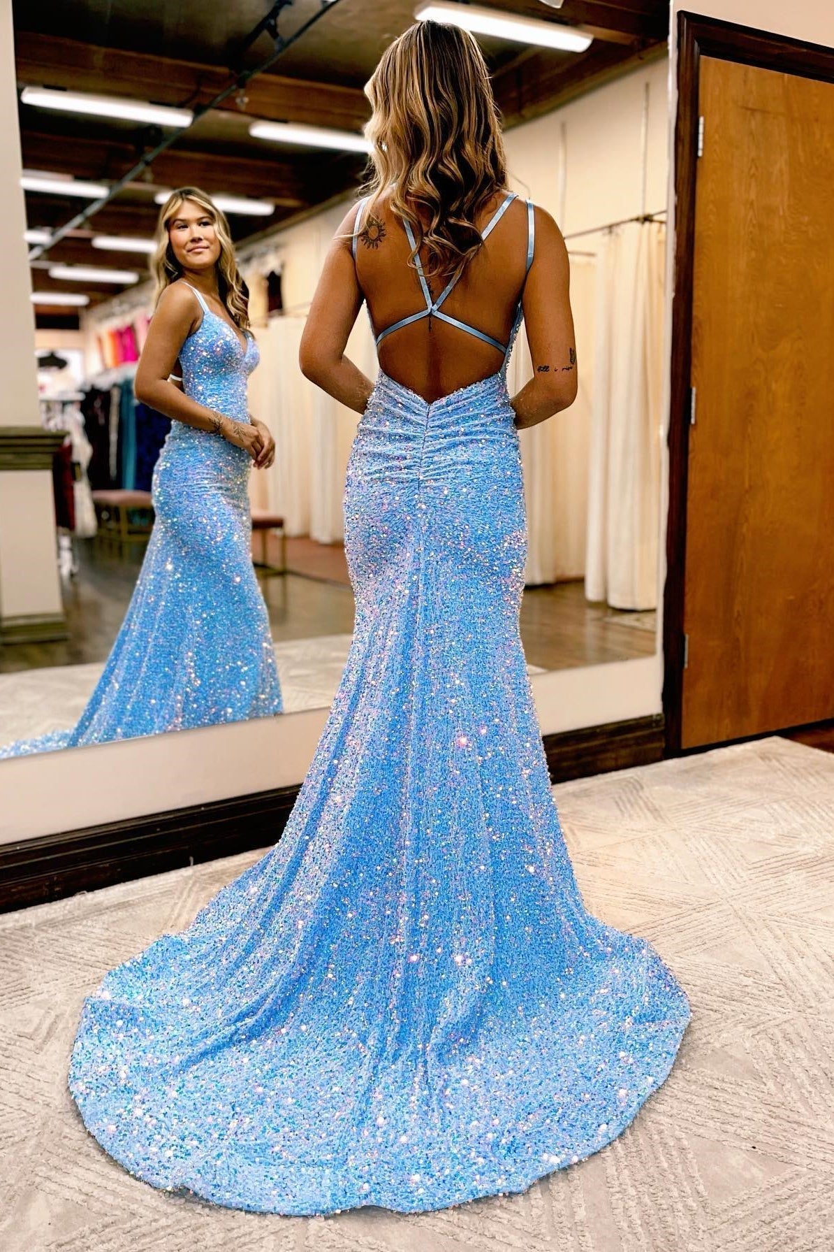 Blue Sequin Straps Empire Mermaid Long Prom HZ0307