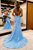 Blue Sequin Straps Empire Mermaid Long Prom HZ0307