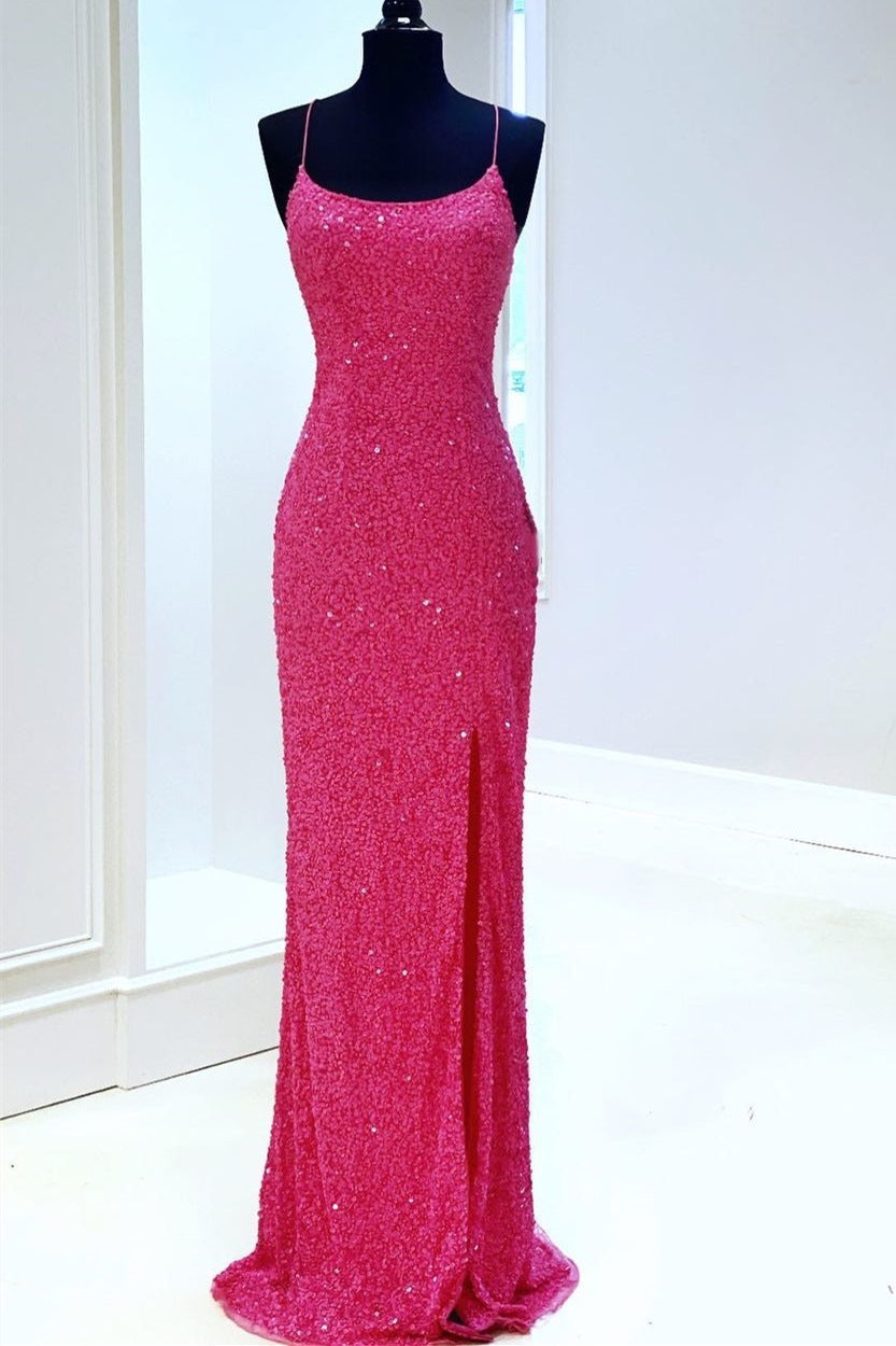 Spaghetti Straps Neon Pink Sequin Mermaid Formal HZ0307
