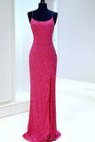 Spaghetti Straps Neon Pink Sequin Mermaid Formal HZ0307