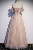 Off the Shoulder Pink Pearls Long Prom HZ0307