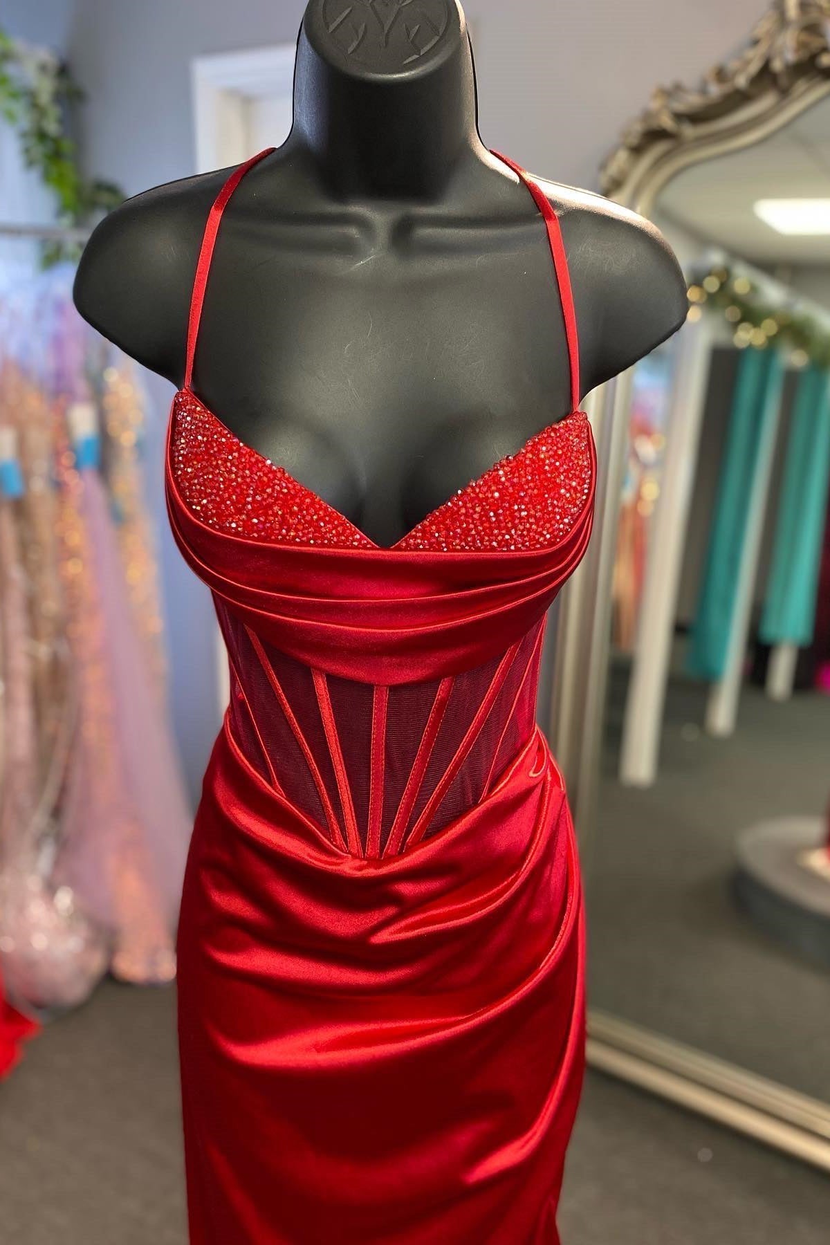 Elegant Beaded Fuchsia Satin Mermaid Long Formal HZ0307