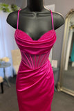 Elegant Beaded Fuchsia Satin Mermaid Long Formal HZ0307
