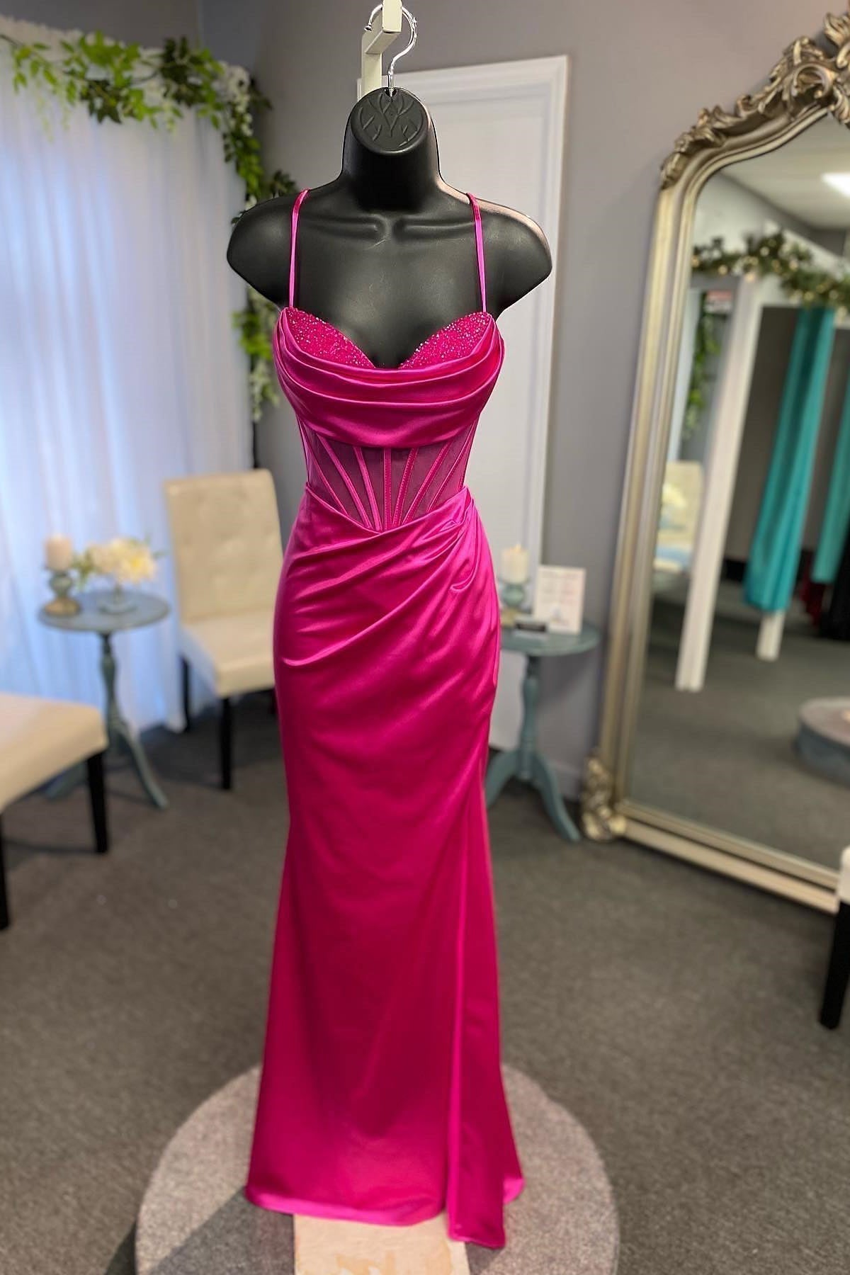 Elegant Beaded Fuchsia Satin Mermaid Long Formal HZ0307