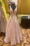 V Neck Pink Sequin A-line Long Prom HZ0307