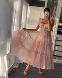 LTP1017,Dusty pink tulle prom dresses sweetheart tea length long evening formal HZ0307