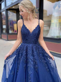 Dark Blue Lace Prom Dress - Long A-Line HZ0307