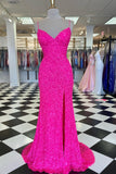 Pink Sequin Prom Dress - Spaghetti Strap Long Evening Party HZ0307
