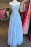 Strapless Light Blue Appliques A-line Long HZ0307