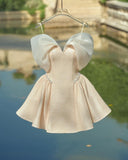 Off The Shoulder Bowknot Beige Beaded Short Dress, HZ0307
