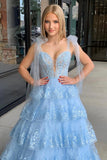 Light Blue Appliques Tiered Ruffle Prom HZ0307