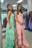 Straps Pink Appliques Tiered Ruffles Long Party HZ0307