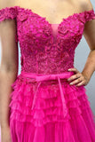 Off the Shoulder Fuchsia Appliques Tiered Ruffles HZ0307