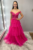 Off the Shoulder Fuchsia Appliques Tiered Ruffles HZ0307