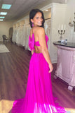 Straps Royal Blue Pleated Long Formal Dress with Bow HZ0307