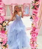 LTP1053,Blue tulle lace long prom dress A line formal HZ0307