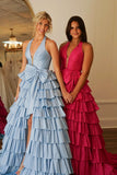 Halter Light Blue Satin Ruffle Long Formal HZ0307