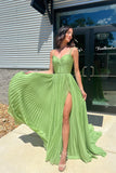 Twist Lemon Green Pleated A-line Long Formal HZ0307
