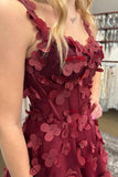 Burgundy 3D Flowers A-line Long Formal HZ0307