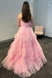 One Shoulder Pink Ruffles A-line Long Formal HZ0307