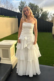 Strapless White Ruched Pleated Ruffle Party HZ0307