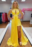 Sexy Halter Yellow Keyhole Pleated A-line HZ0307